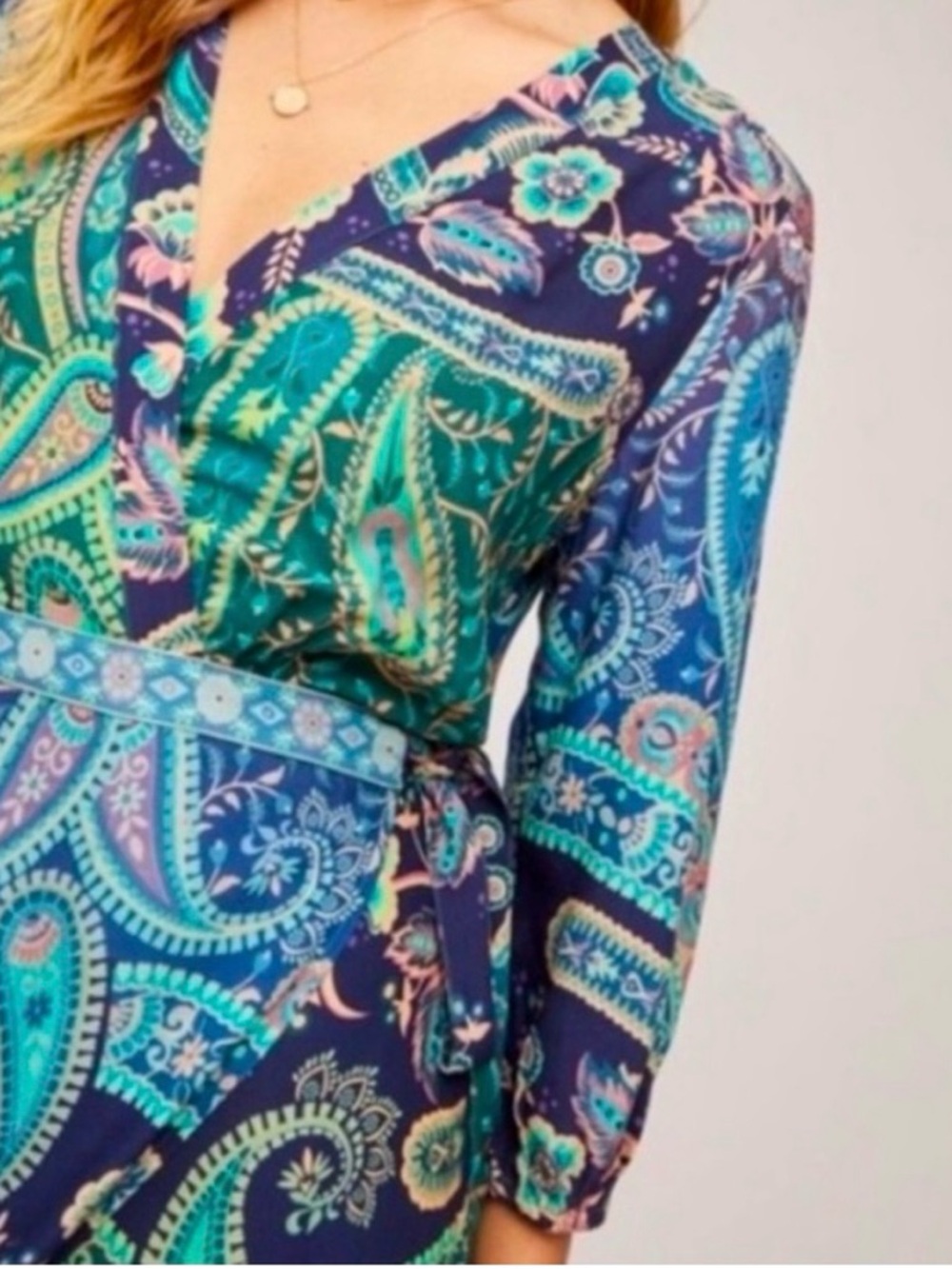 FARM Rio for Anthropologie Navy, Teal and Pink Paisley Wrap Midi Dress NWT